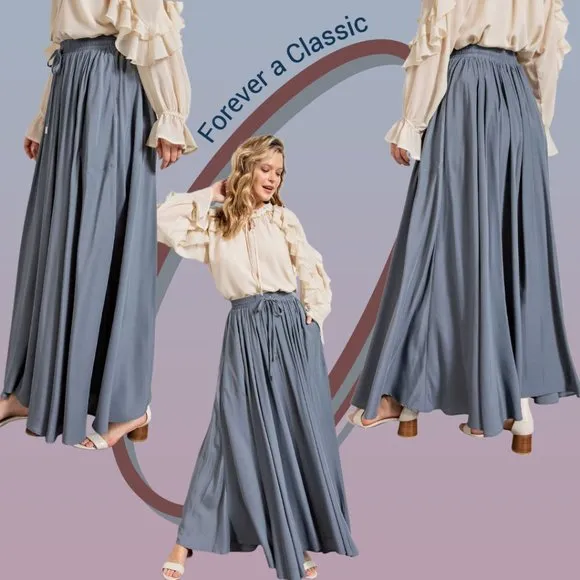 EASEL Silky Soft Flowy Maxi Skirt Smocked Waist &amp; Drawstring, Pockets, Lux, Full