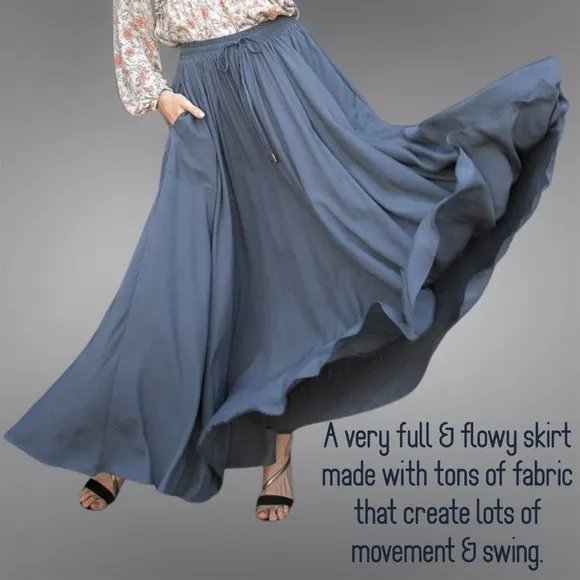 EASEL Silky Soft Flowy Maxi Skirt Smocked Waist &amp; Drawstring, Pockets, Lux, Full
