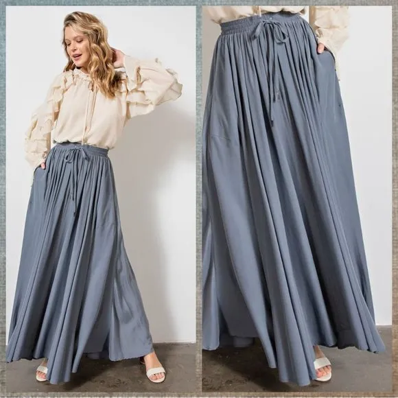 EASEL Silky Soft Flowy Maxi Skirt Smocked Waist &amp; Drawstring, Pockets, Lux, Full