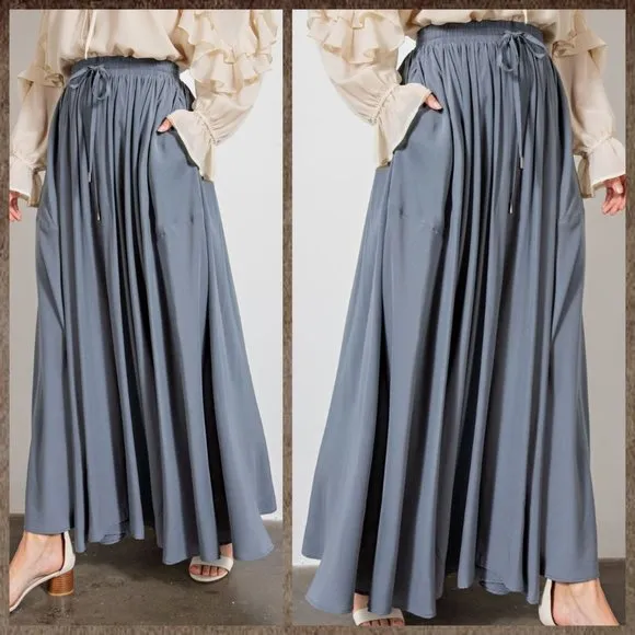 EASEL Silky Soft Flowy Maxi Skirt Smocked Waist &amp; Drawstring, Pockets, Lux, Full