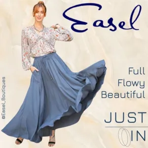 EASEL Silky Soft Flowy Maxi Skirt Smocked Waist &amp; Drawstring, Pockets, Lux, Full