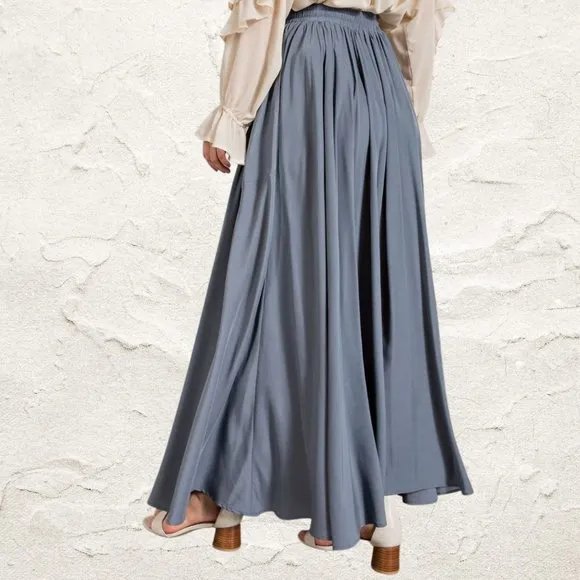EASEL Silky Soft Flowy Maxi Skirt Smocked Waist &amp; Drawstring, Pockets, Lux, Full