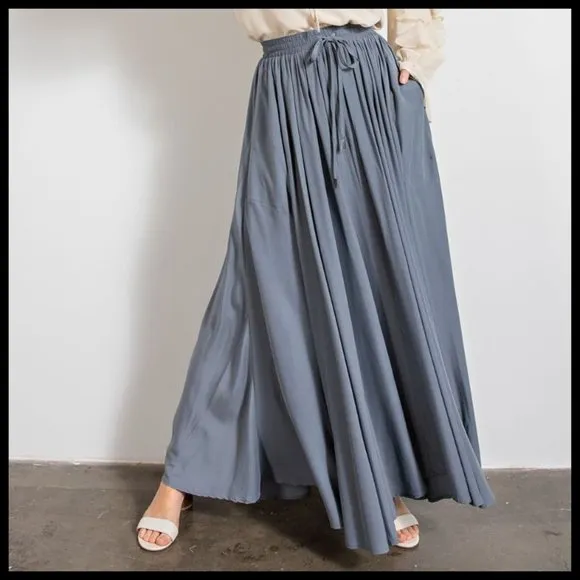 EASEL Silky Soft Flowy Maxi Skirt Smocked Waist &amp; Drawstring, Pockets, Lux, Full