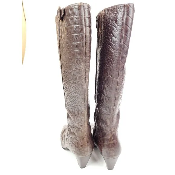 Ecco Elizabeth Crocodile Embossed Brown Size 38 US 7-7.5 Knee-High Boots