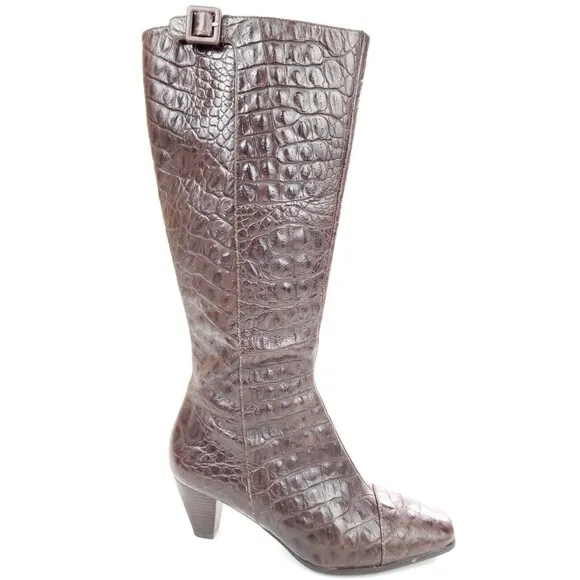 Ecco Elizabeth Crocodile Embossed Brown Size 38 US 7-7.5 Knee-High Boots