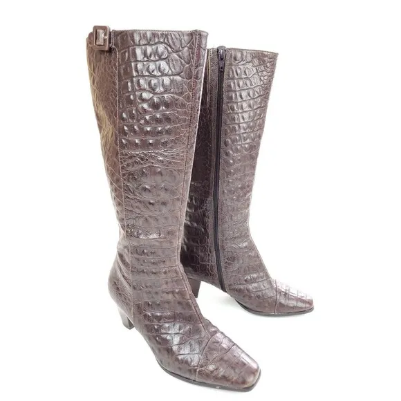 Ecco Elizabeth Crocodile Embossed Brown Size 38 US 7-7.5 Knee-High Boots