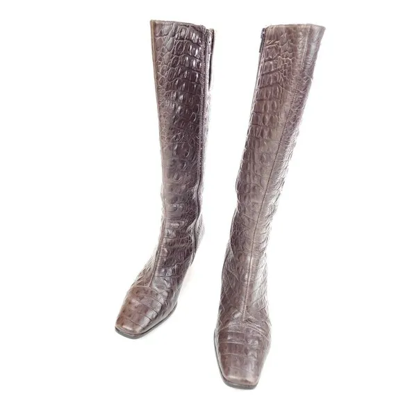 Ecco Elizabeth Crocodile Embossed Brown Size 38 US 7-7.5 Knee-High Boots