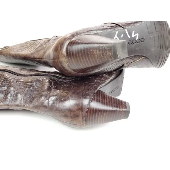 Ecco Elizabeth Crocodile Embossed Brown Size 38 US 7-7.5 Knee-High Boots