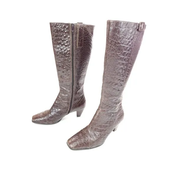 Ecco Elizabeth Crocodile Embossed Brown Size 38 US 7-7.5 Knee-High Boots