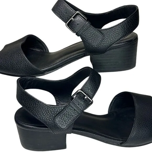 Eileen Fisher - Block Heeled Sandals, Strappy, Pebbled Leather - Size 8, Black