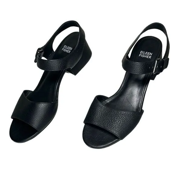 Eileen Fisher - Block Heeled Sandals, Strappy, Pebbled Leather - Size 8, Black