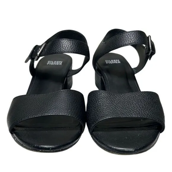 Eileen Fisher - Block Heeled Sandals, Strappy, Pebbled Leather - Size 8, Black