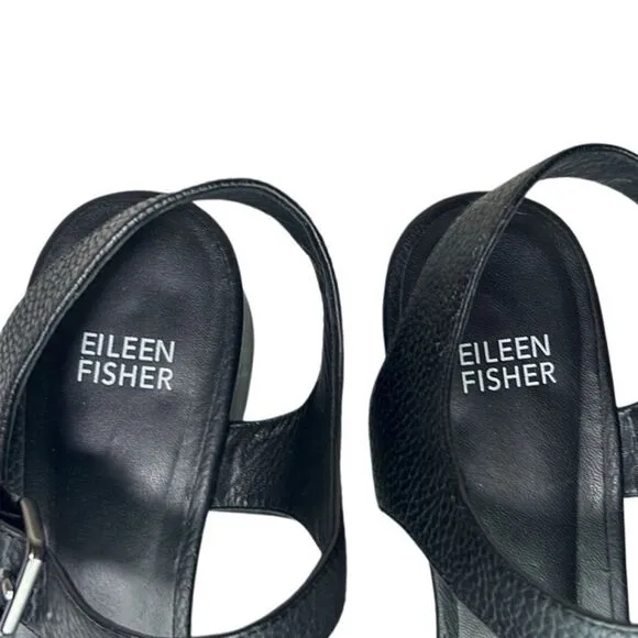 Eileen Fisher - Block Heeled Sandals, Strappy, Pebbled Leather - Size 8, Black