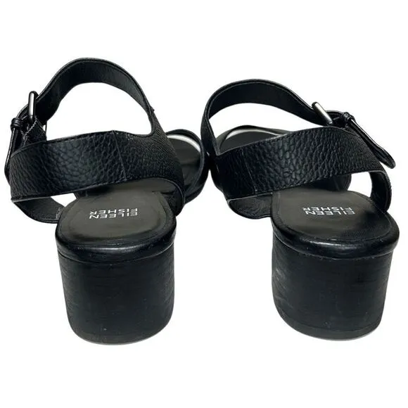 Eileen Fisher - Block Heeled Sandals, Strappy, Pebbled Leather - Size 8, Black