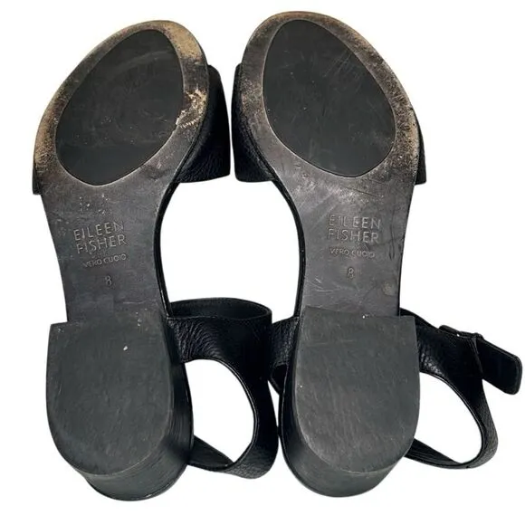 Eileen Fisher - Block Heeled Sandals, Strappy, Pebbled Leather - Size 8, Black