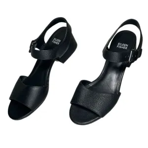 Eileen Fisher - Block Heeled Sandals, Strappy, Pebbled Leather - Size 8, Black