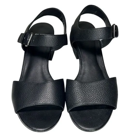 Eileen Fisher - Block Heeled Sandals, Strappy, Pebbled Leather - Size 8, Black