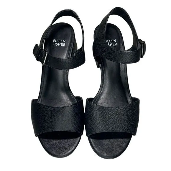 Eileen Fisher - Block Heeled Sandals, Strappy, Pebbled Leather - Size 8, Black