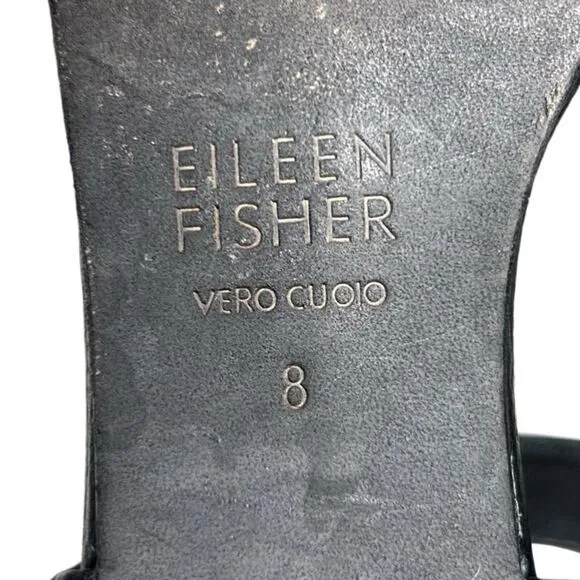 Eileen Fisher - Block Heeled Sandals, Strappy, Pebbled Leather - Size 8, Black
