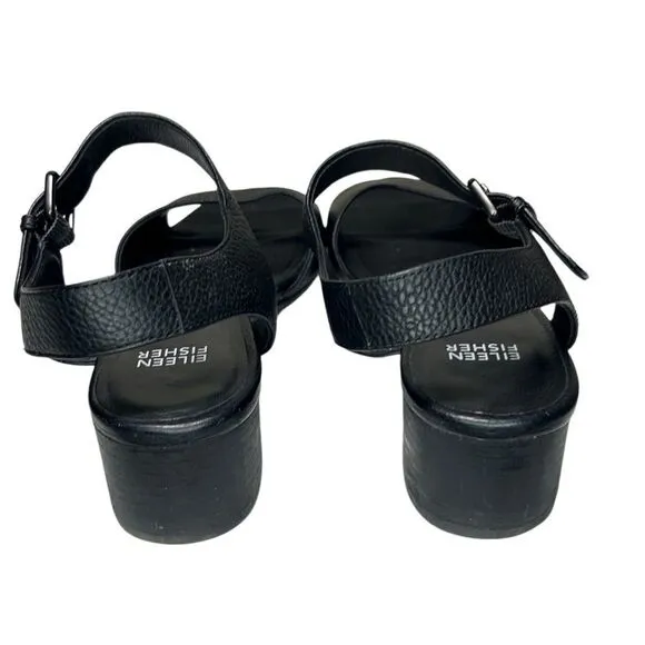 Eileen Fisher - Block Heeled Sandals, Strappy, Pebbled Leather - Size 8, Black