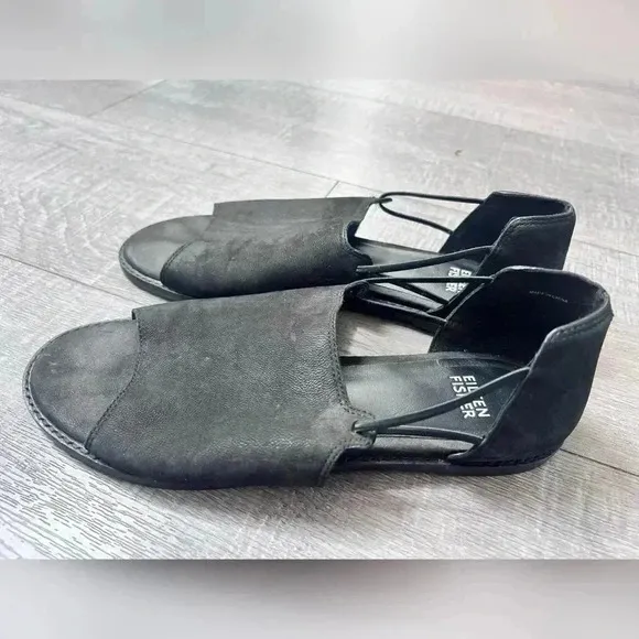 Eileen Fisher Spell Open-Toe d'Orsay Flats Size 8 Black Nubuck LIKE NEW