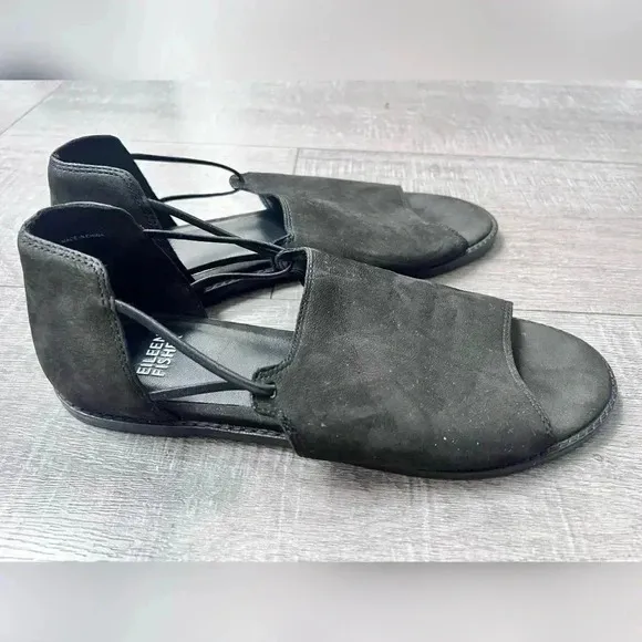 Eileen Fisher Spell Open-Toe d'Orsay Flats Size 8 Black Nubuck LIKE NEW
