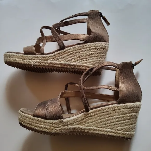 Eileen Fisher Wanda Strappy‎ Leather Wedge Espadrilles Sandals Size 6.5
