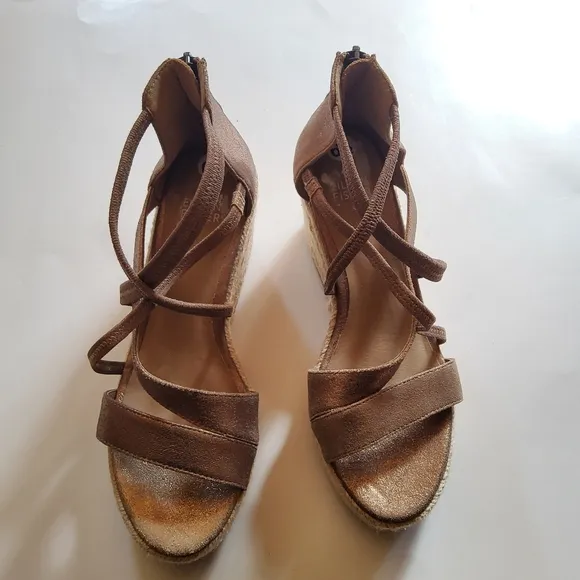 Eileen Fisher Wanda Strappy‎ Leather Wedge Espadrilles Sandals Size 6.5