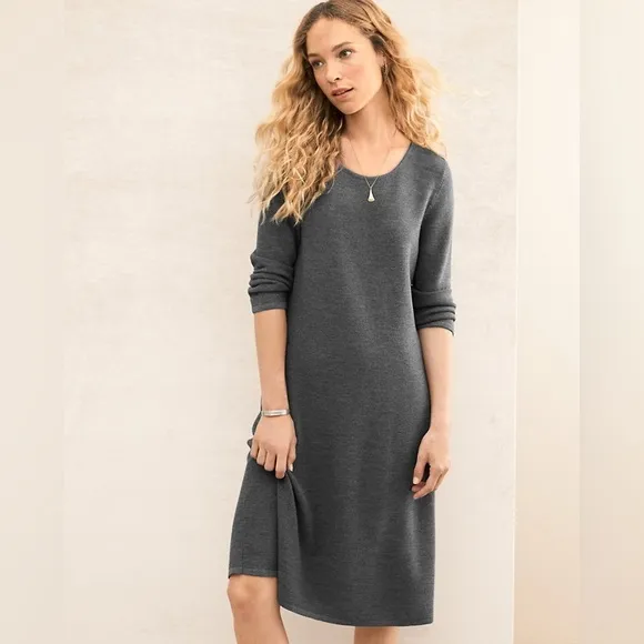 Eileen Fisher Washable Merino Wool Long Sleeve Midi Dark Gray Sweater Dress