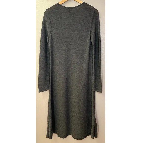 Eileen Fisher Washable Merino Wool Long Sleeve Midi Dark Gray Sweater Dress