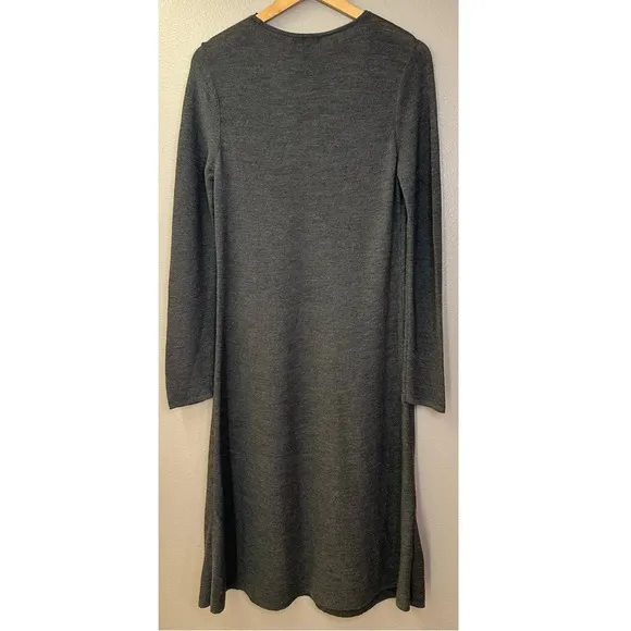 Eileen Fisher Washable Merino Wool Long Sleeve Midi Dark Gray Sweater Dress