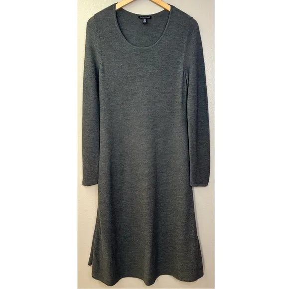 Eileen Fisher Washable Merino Wool Long Sleeve Midi Dark Gray Sweater Dress