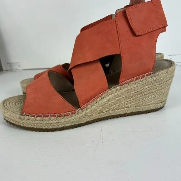 EILEEN FISHER Willow Tumbled Leather Wedge Espadrille Womens 11 Red Orange Heel