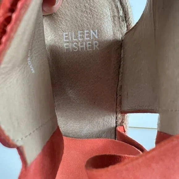 EILEEN FISHER Willow Tumbled Leather Wedge Espadrille Womens 11 Red Orange Heel