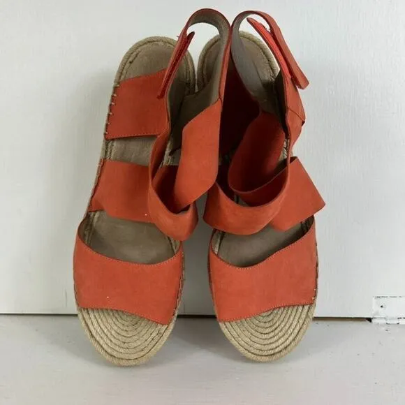 EILEEN FISHER Willow Tumbled Leather Wedge Espadrille Womens 11 Red Orange Heel