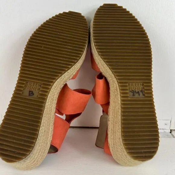 EILEEN FISHER Willow Tumbled Leather Wedge Espadrille Womens 11 Red Orange Heel