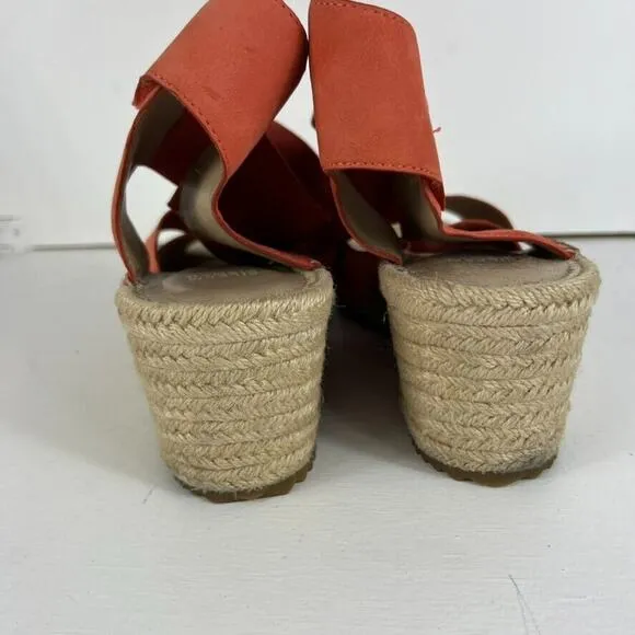 EILEEN FISHER Willow Tumbled Leather Wedge Espadrille Womens 11 Red Orange Heel
