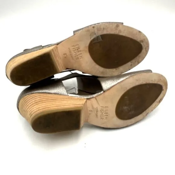 Eileen Fisher Women's Leather Ankle Strap Iris Metallic Pewter Sandals Shoes 8.5