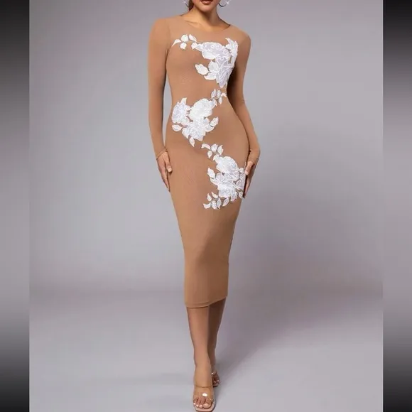 Elegant Nude sequined flower embroidered dress
