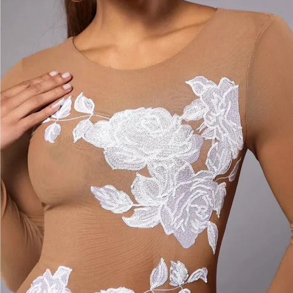 Elegant Nude sequined flower embroidered dress