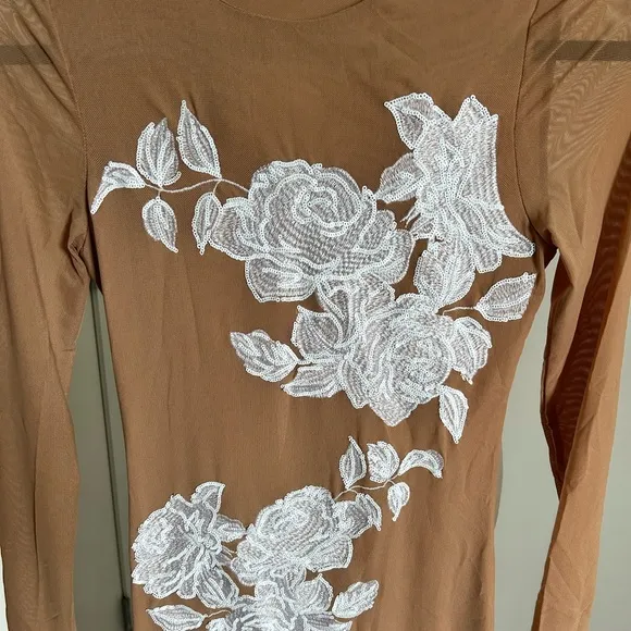 Elegant Nude sequined flower embroidered dress