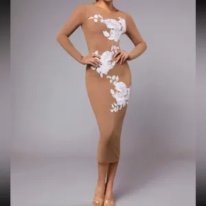 Elegant Nude sequined flower embroidered dress