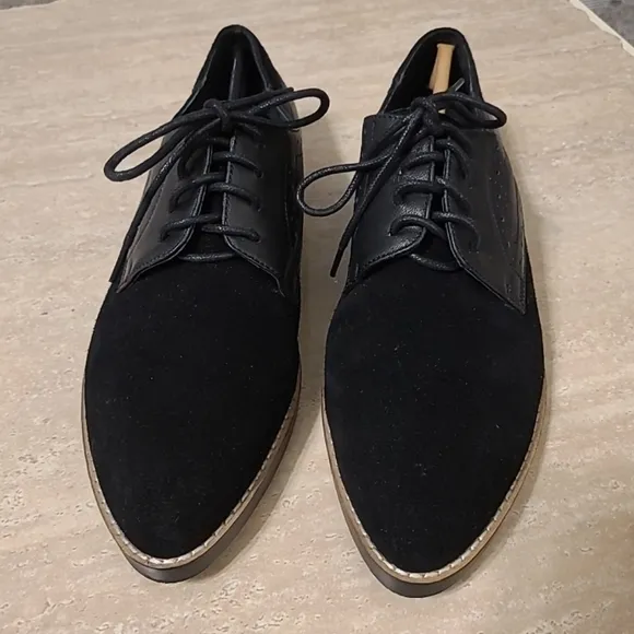 ellos Black Suede Leather Lace-Up Oxford Flats Sz 7.5 M