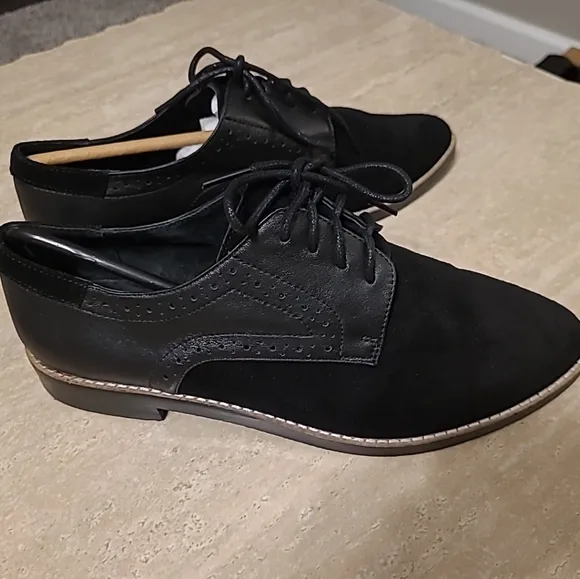 ellos Black Suede Leather Lace-Up Oxford Flats Sz 7.5 M