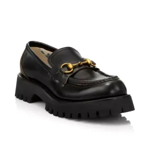 Embroidered Leather Chunky Heel Horsebit Loafers