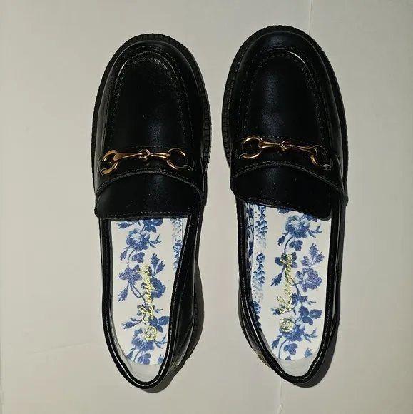 Embroidered Leather Chunky Heel Horsebit Loafers