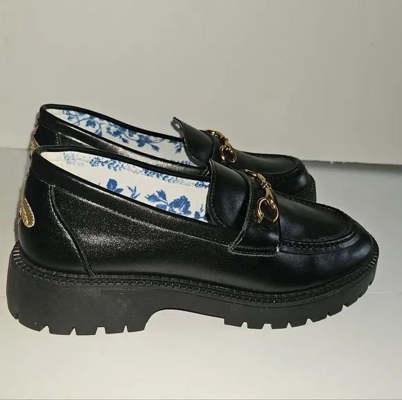 Embroidered Leather Chunky Heel Horsebit Loafers