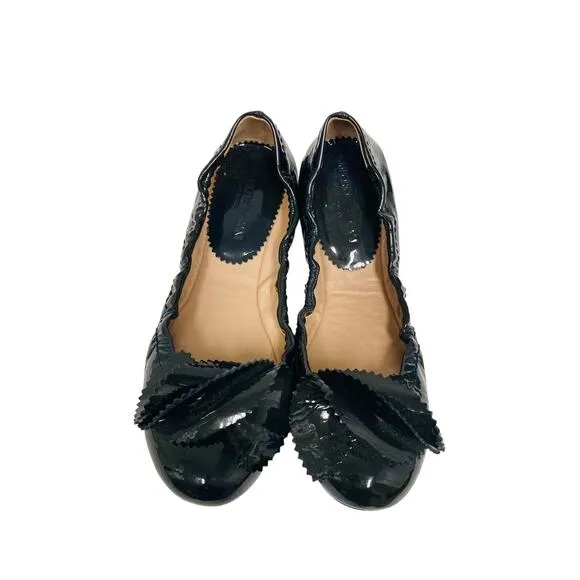 EMPORIO ARMANI Gray Leather Patent Bow Accent Ballet Stretch Flats Size EU 37.5