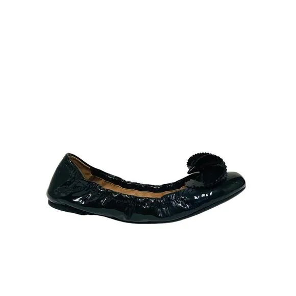 EMPORIO ARMANI Gray Leather Patent Bow Accent Ballet Stretch Flats Size EU 37.5