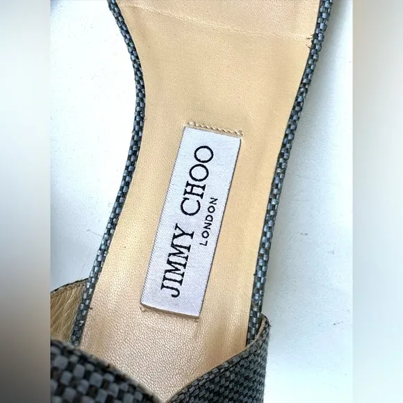 EUC JIMMY CHOO Mansy Snakeskin Raffia Ankle Wrap Wedge Sandal in Navy - 37, US 7
